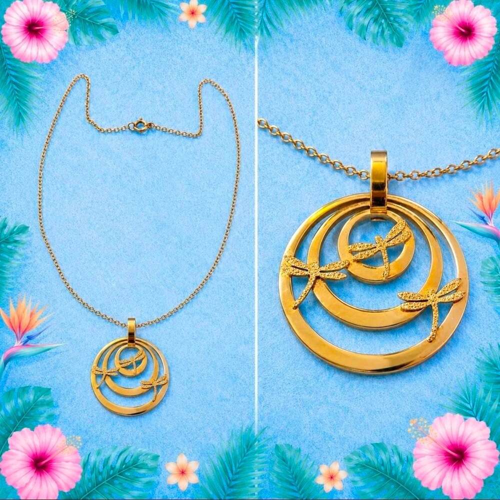 J0017 Stainless Steel Gold Dragonfly Concentric Circle Necklace